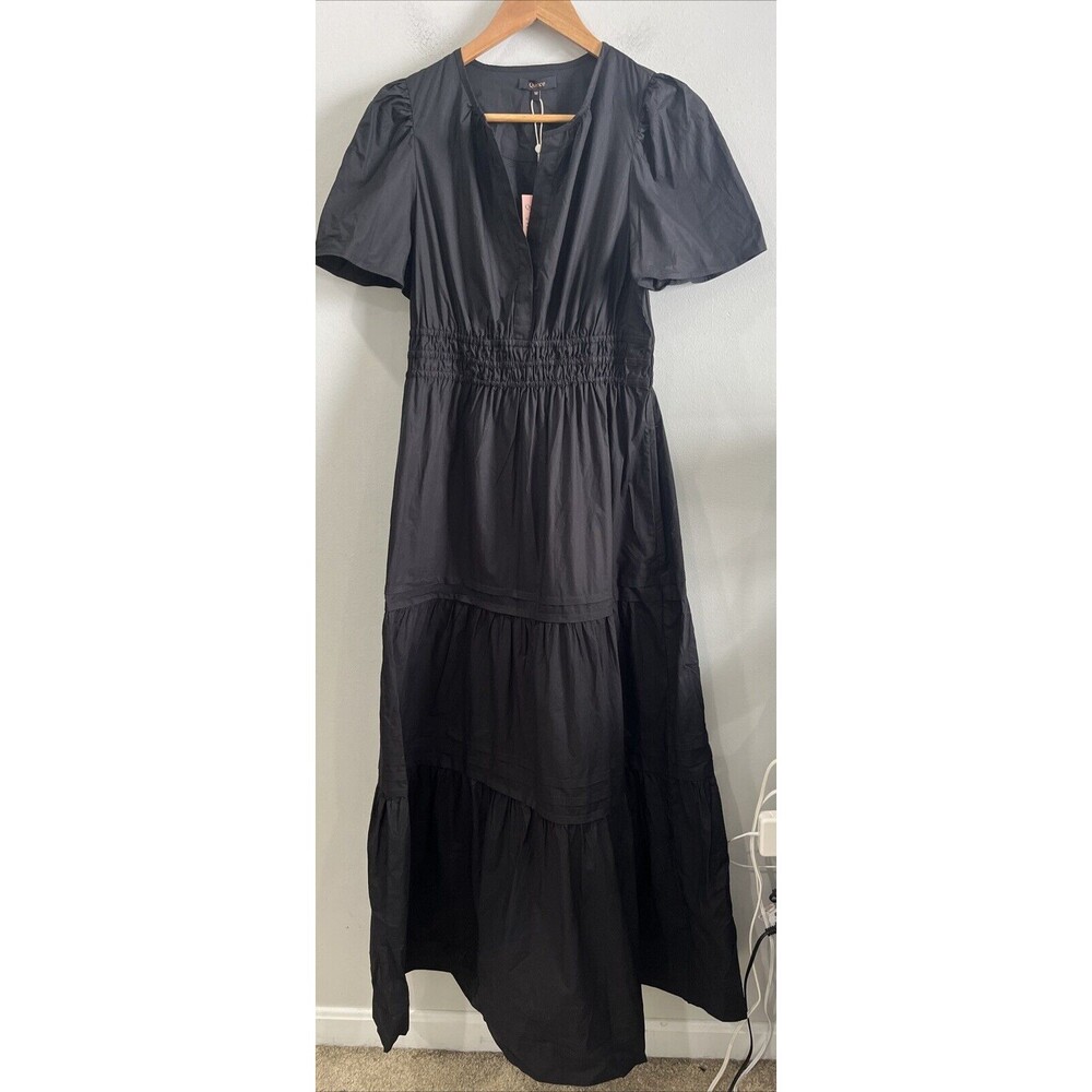 Quince Black Maxi Dress with Puff Sleeves